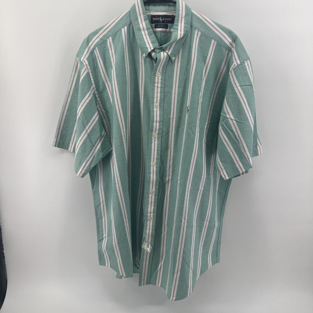 RALPH LAUREN Men's XL Green/White Striped Button-Down Short-Sleeve  Dress Shirt
